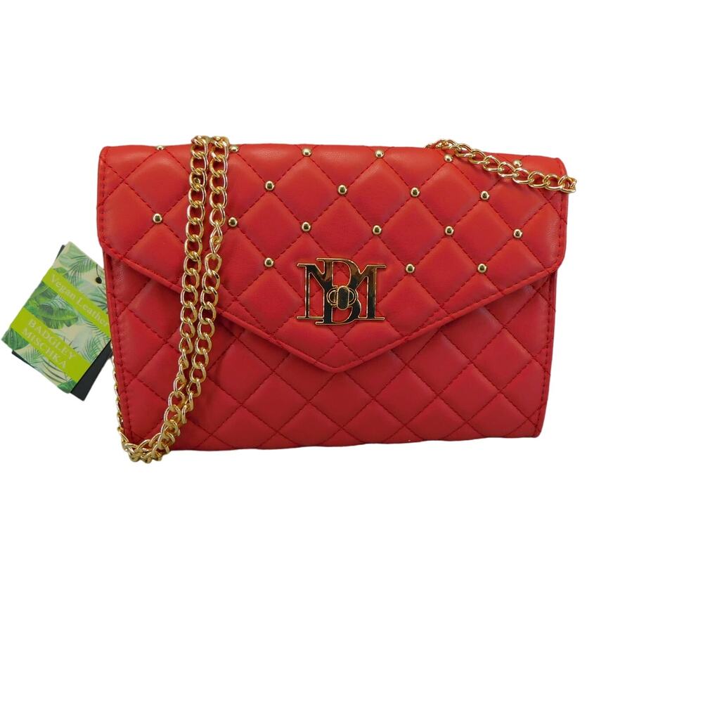 Badgley Mischka Red Diamond Quilted  Round Studs Crossbody Bag Vegan Leather - Picture 2 of 9